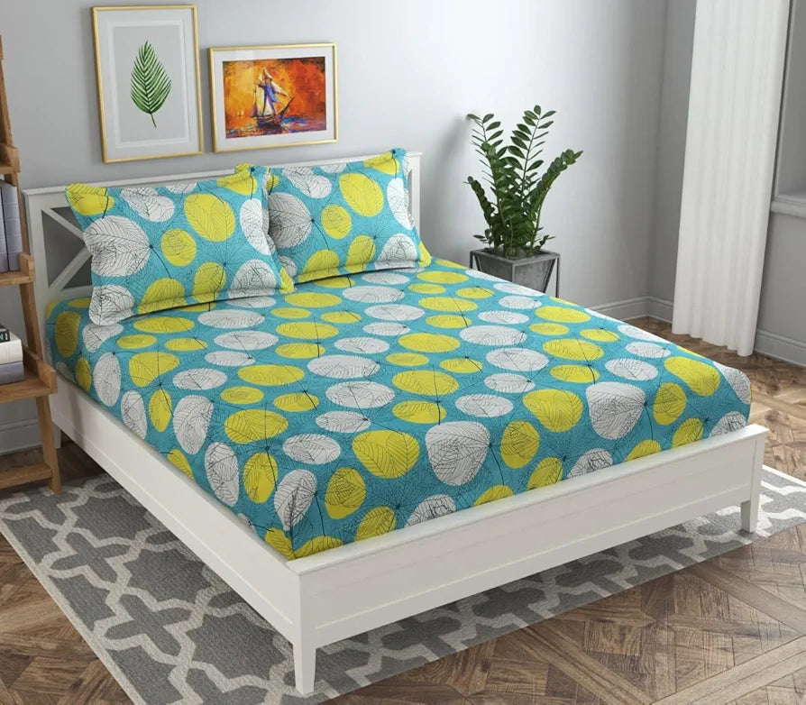 HomeKart Microfiber bedsheet for Double Bed with 2 Pillow Covers Breathable and Soft Touch 144 TC Pattren Floral Light Green White TC - 144