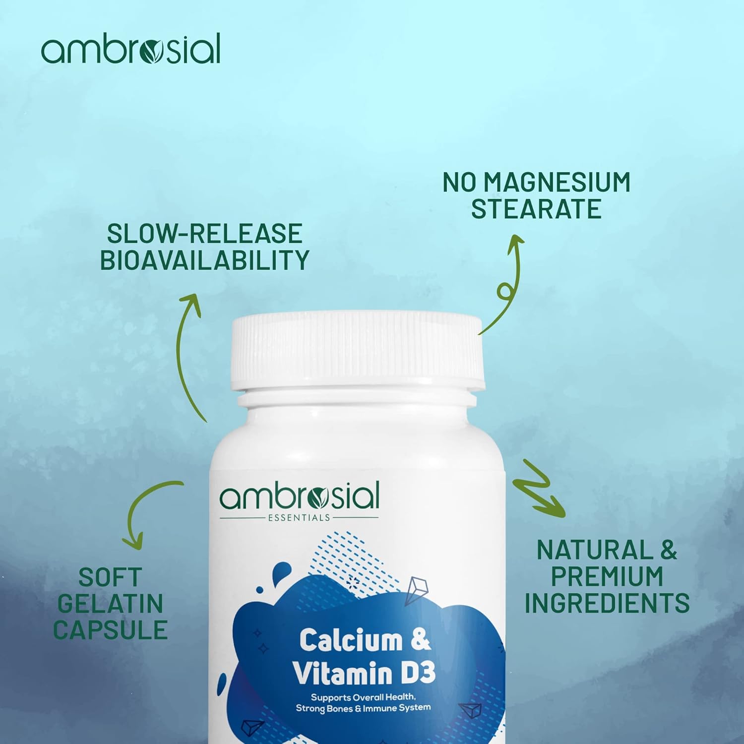 Ambrosial Calcium & Vitamin D3 tablets | High Potency Tablets for Women & Men | Calcium Supplements to Support Healthy Bones, Muscles & Teeths (Pack of 1-60 Softgels)