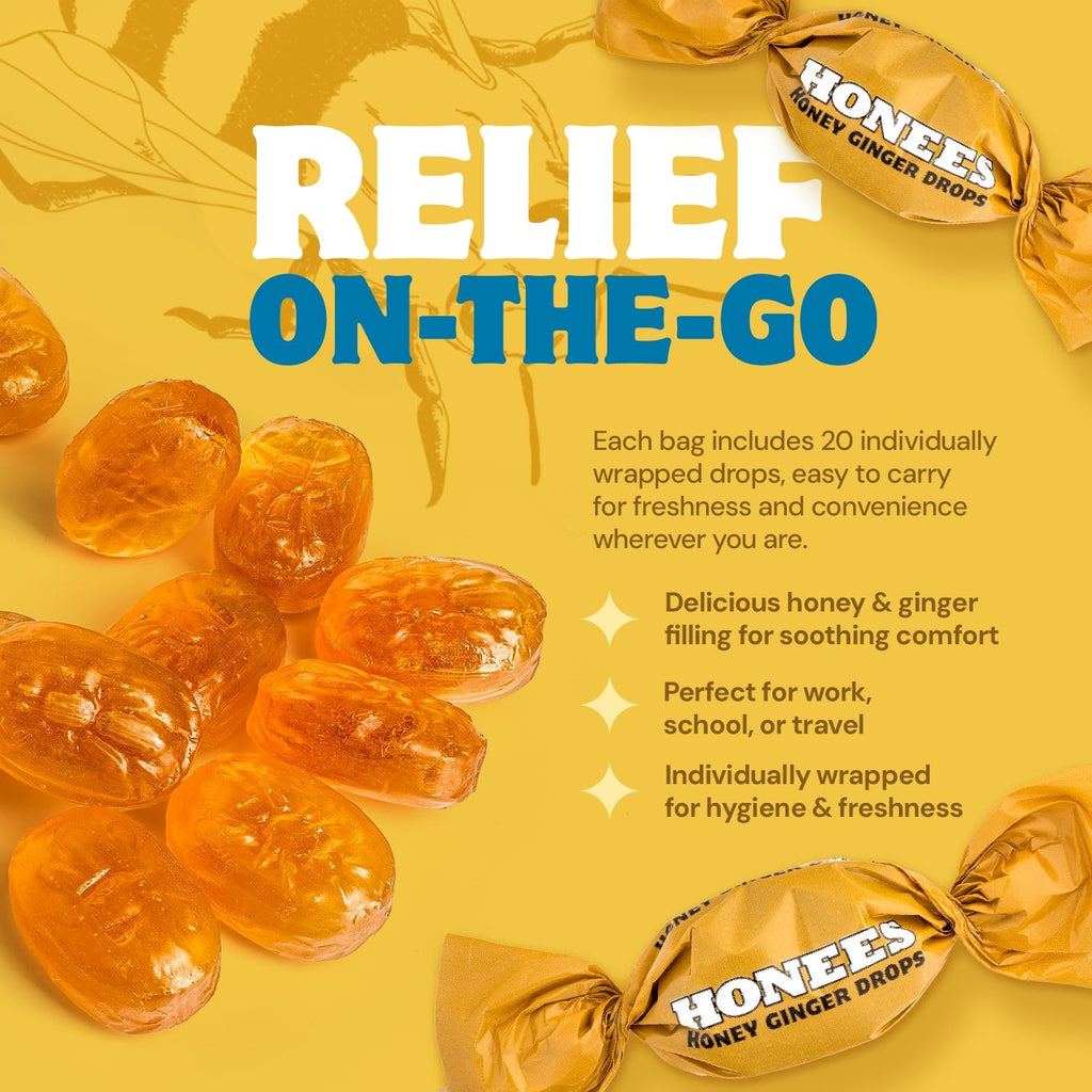 Honees Filled Honey Ginger Drops, Natural Cough Drops- Pure Ginger Sore Throat Relief - Nothing Artificial -Throat Coat Lozenges, Natural Cough Suppressant, Non-GMO, Gluten Free (1 Pack â€“ 20 Drops)