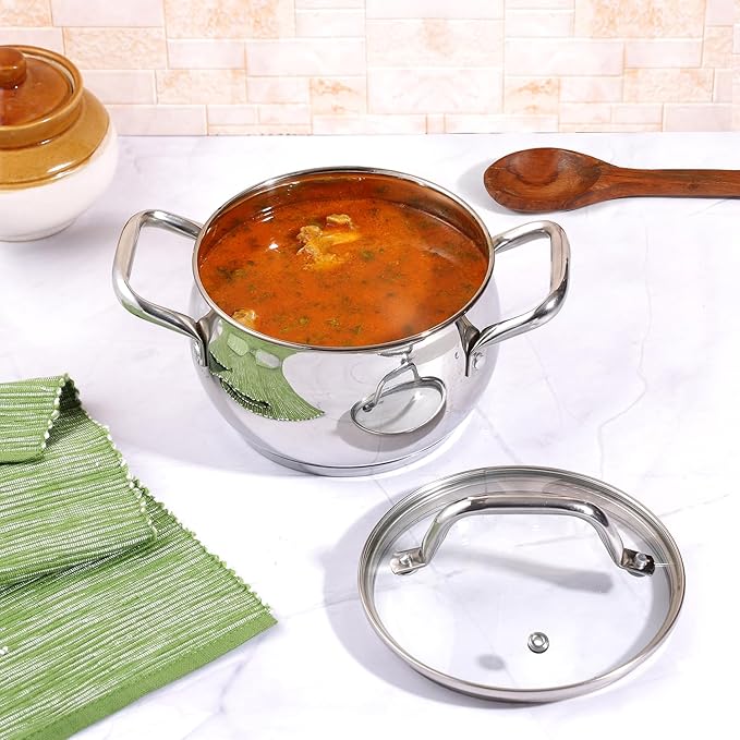 Vinod Stainless Steel 2 Piece Almaty Sauce Pot With Glass Lid | Diameter 14 & 16 Cm | Capacity 1.3 & 2 Litres