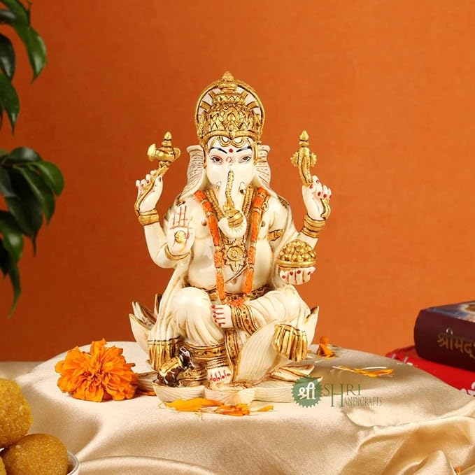 Indicast Resin 6.5" Inch Lord Ganesha Sitting on Lotus Fine Gold Painting Hindu God Ganesh Ganpati Idol Figurine