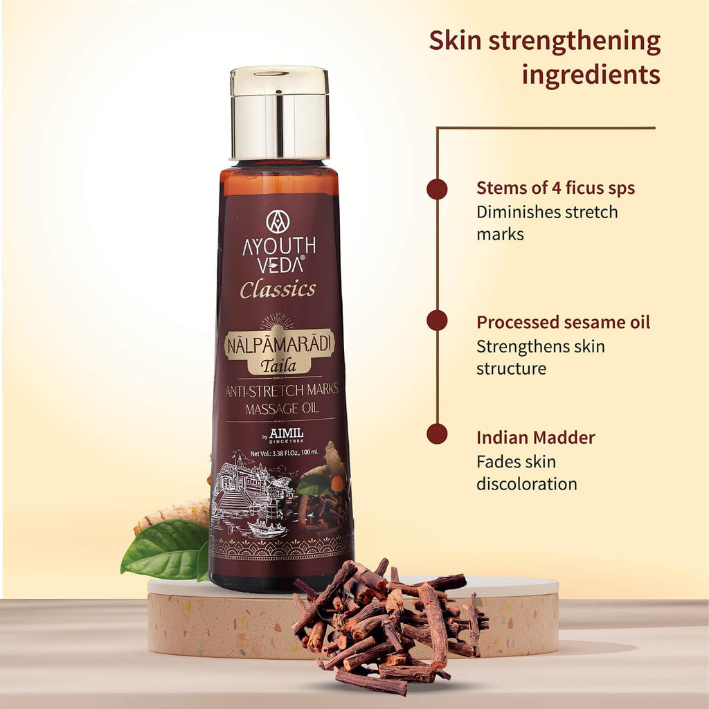 Ayouthveda Nalpamaradi Taila | Work as Stretch Marks Removal Massage Oil | Face & Body Oil Helps to Remove Pigmentation, Scars, Spots & Skin Taning (Pack Of 1-100ml)