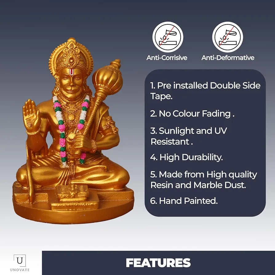 Unovate Resin Hanuman Idol for Car Dashboard Gold
