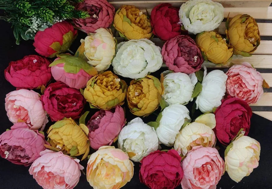 6 Pcs Artificial Fabric Rose Flower Heads Handmade Peony Style Flowers Yellow
