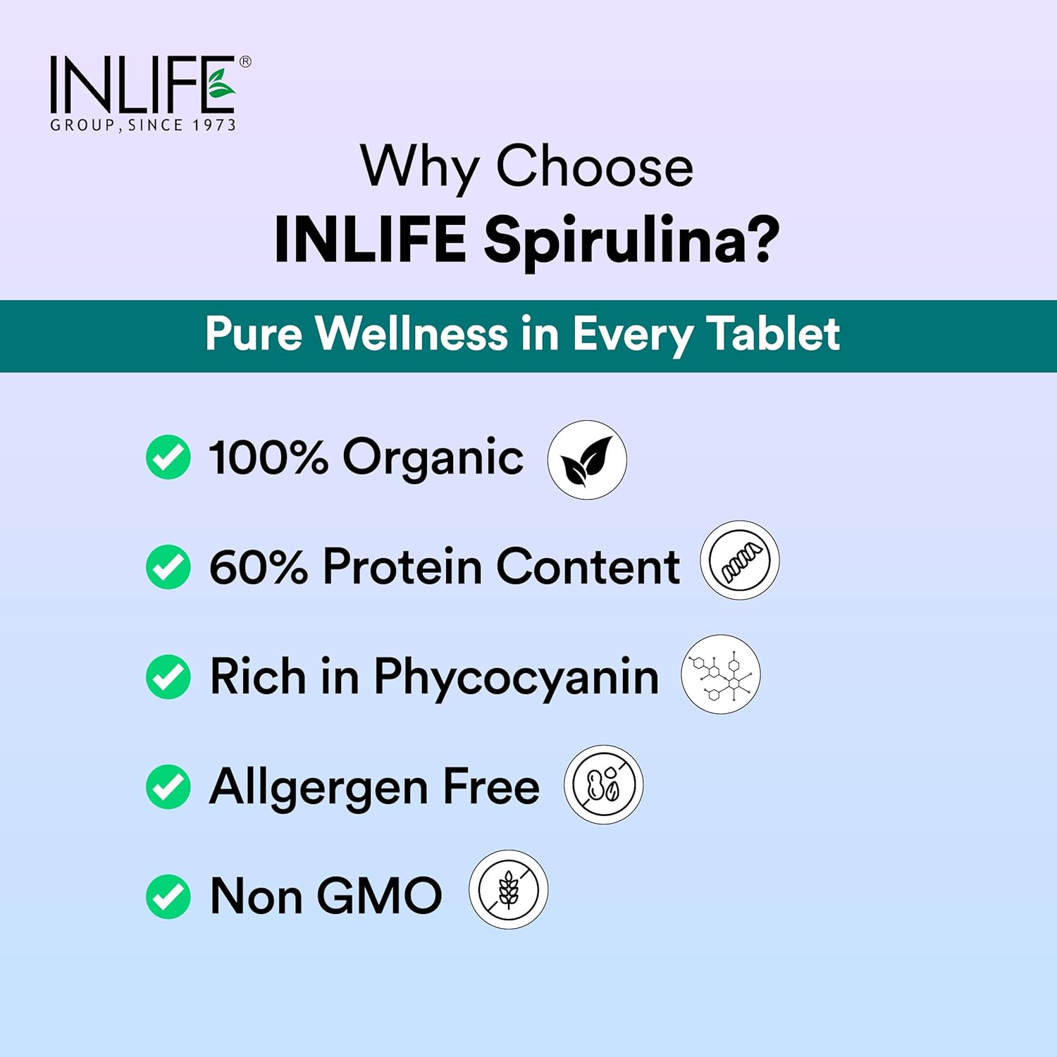INLIFE Spirulina Tablets 2000 mg (per serving) | Green Superfood Supplement | Nutritional Supplement Protein Fiber Antioxidants - 60 Tablets (Pack of 1, 60's)