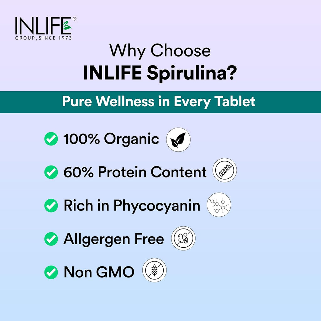 INLIFE Spirulina Tablets 2000 mg (per serving) | Green Superfood Supplement | Nutritional Supplement Protein Fiber Antioxidants - 120 Tablets (Pack of 1, 120, count)
