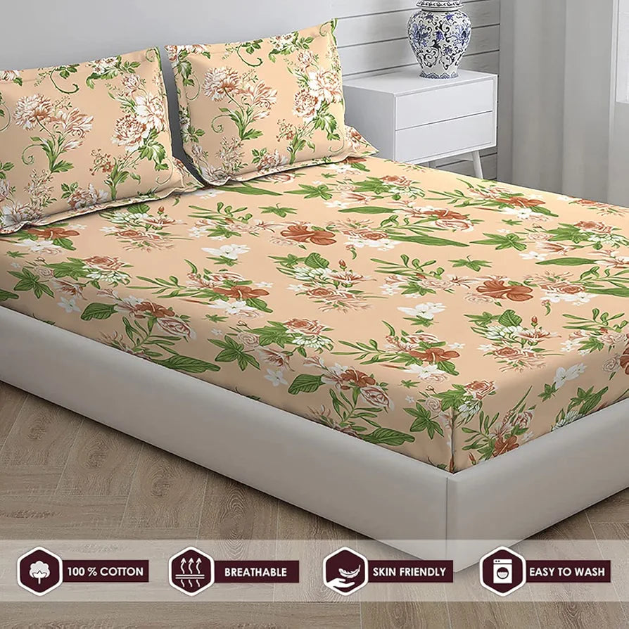 Layers Tivoli Cotton Bedsheet Set for All Seasons Lightweight 104 TC Queen Size Dark Beige Color