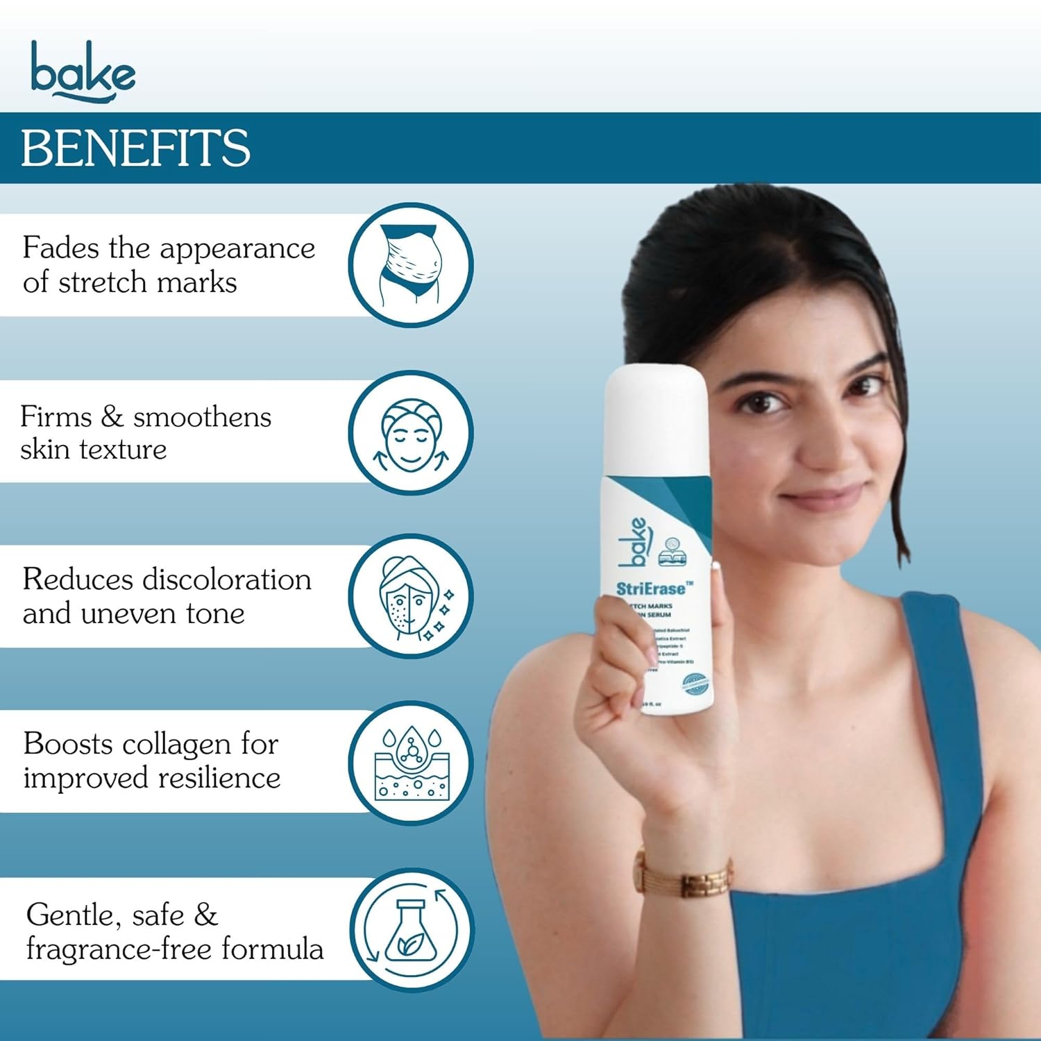 BAKE StriEraseâ„¢ Stretch Marks Removal Roll On Serum | For Pregnancy Use | 0.5% Encapsulated Bakuchiol, 2% Centella Asiatica | Fades Stretch Marks & Scars, Firms Skin & Improves Uneven Skin | Fragrance Free, SLS Free â€“ 50ml
