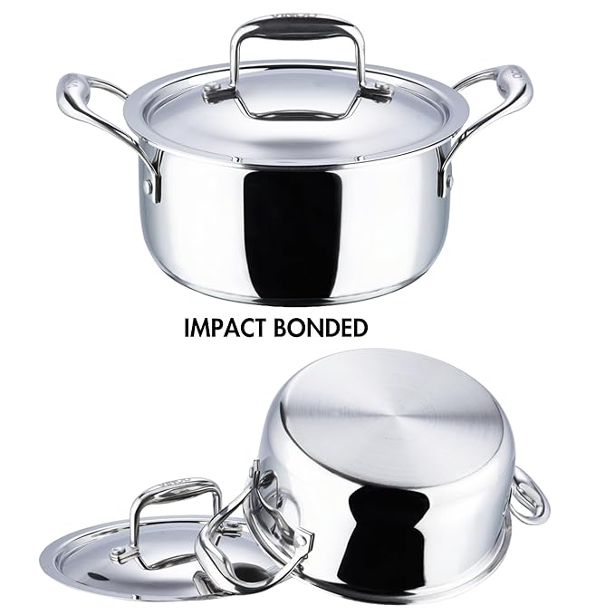 Vinod Platinum Triply Stainless Steel Saucepot with Lid - 8 Litre, 30 cm | 2.5mm Thick | SAS Bottom | Biryani Pot