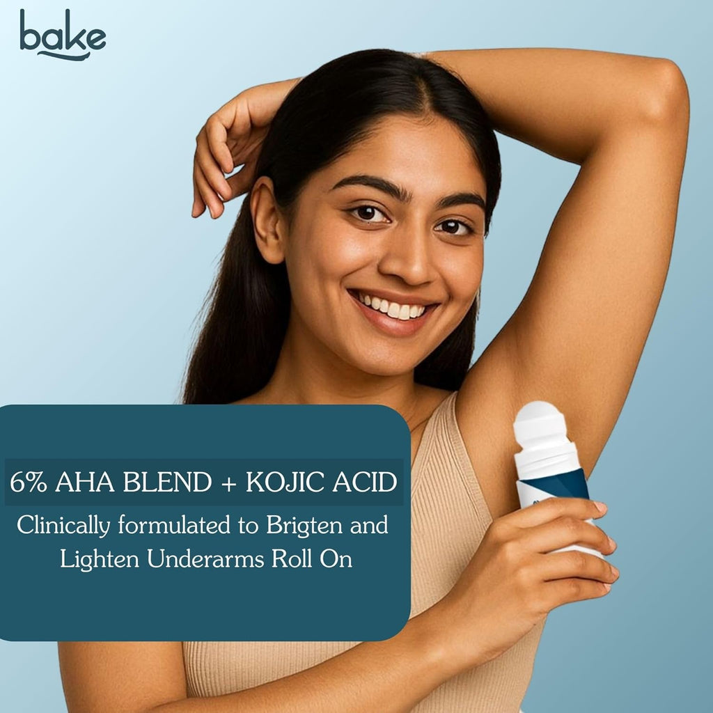 BAKE BrightEraseâ„¢ Underarm Brightening Roll On Serum with 6% AHA Complex, 2% Kojic Acid, 3% Niacinamide | Reduces Pigmentation, Dark Spots, Odour & Sweat | Brightening & Exfoliating Serum for Dark Underarms - 50ml