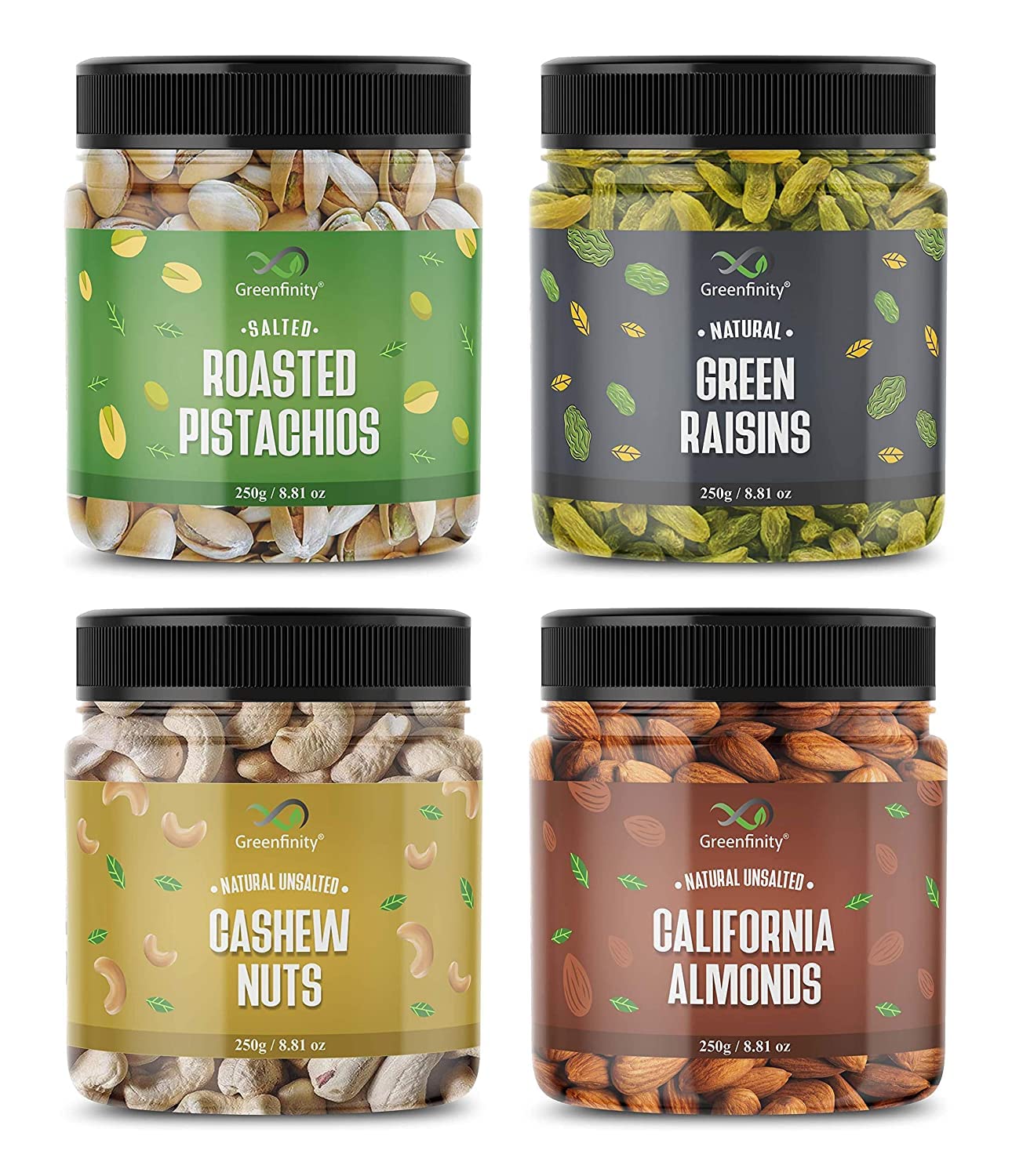 GreenFinity Dry Fruits Combo Pack- Green Raisins, Almonds, Roasted Pistachios, Cashews | Nutritious Healthy Snacks Ideal for Gifting, Festive Hampers, Family and Friends Treats (250g Each-Pack of 4)