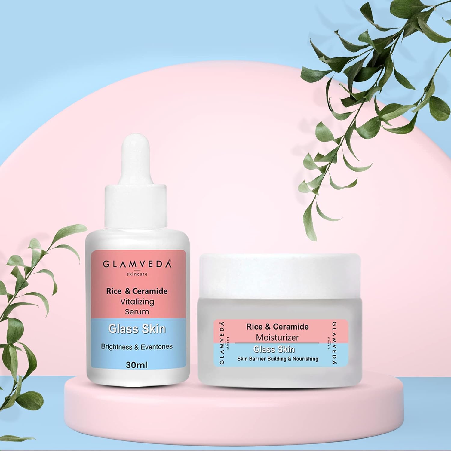 Glamveda Korean Glass Skin Rice & Ceramide Face Serum & Moisturizer Combo