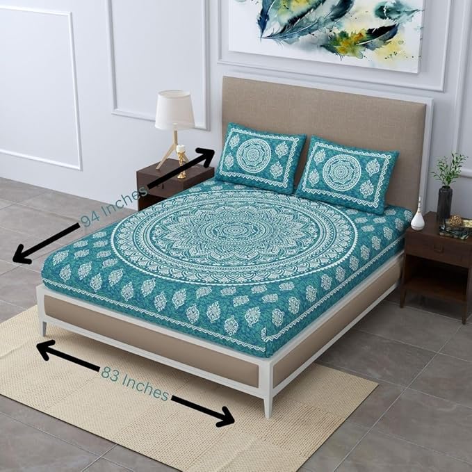 Colorish Cotton Blend Traditional Mandala Jaipuri Printed Bedsheet for Double Bed King Size With 2 Pillow Covers | Sea Green