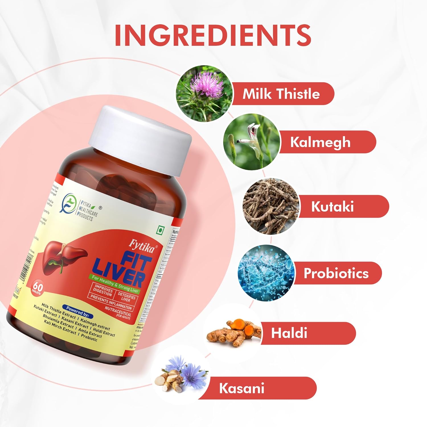 Fytika Fit Liver Detox Supplement with Milk Thistle (60 Tablets) | For Healthy and Strong Liver| Enriched with Milk Thistle, Kalmegh, Kutaki, Curcumin, Bhuiamlaki and Probiotics