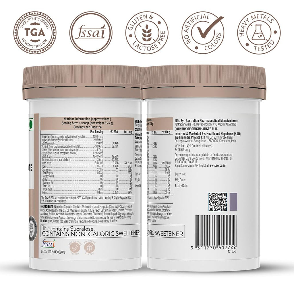 Swisse Magnesium Glycinate & Citrate Powder - Maximum Absorption (Australia's No.1 Magnesium Supplement, Manufactured In Australia) Supports Muscle Health, Post Workout Muscle Recovery & Restful Sleep - 90Gm