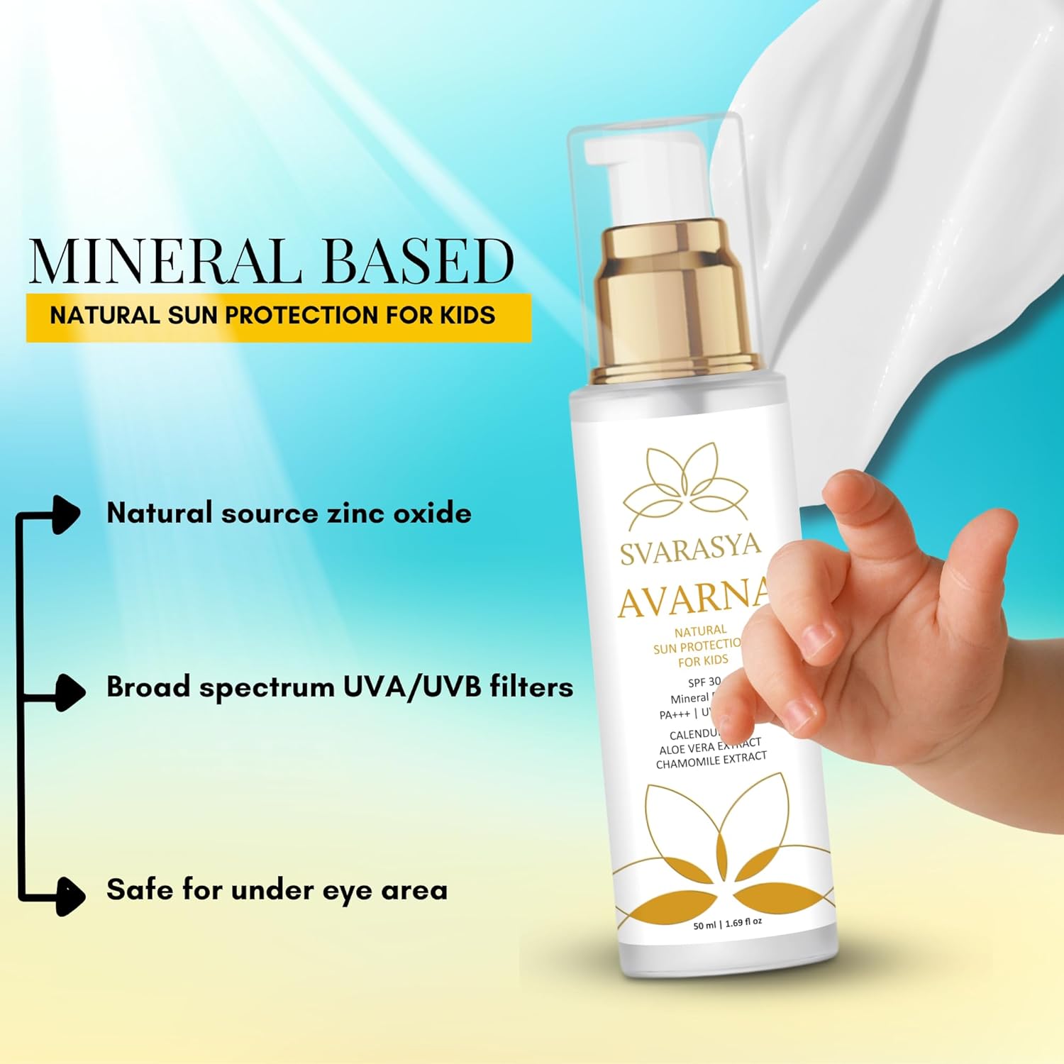 Svarasya Avarna Sunscreen for Kids, 50ml Mineral-Based Kids Sunscreen SPF 30 PA+++, UVA/UVB Protection, Non-Greasy Suncream, Safe for Children Above 6 Months