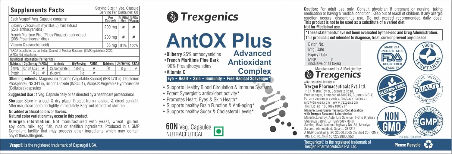 TrexgenicsÂ® ANTOX PLUS Bilberry 25% 200 mg, Pine bark 90% 200 mg & Vitamin C Advanced Antioxidant complex, Heart, Eyes, Skin, Immunity, Metabolism (60 Vcaps) (1)