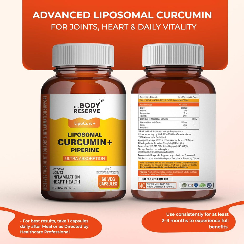 The Body Reserve Liposomal Curcumin Capsules, 500mg with Piperine, Anti-inflammatory Supplement for Adults Pure Turmeric Extract Supplement for High Absorption Joint & Heart Health Support for Adults â€“ 60 caps