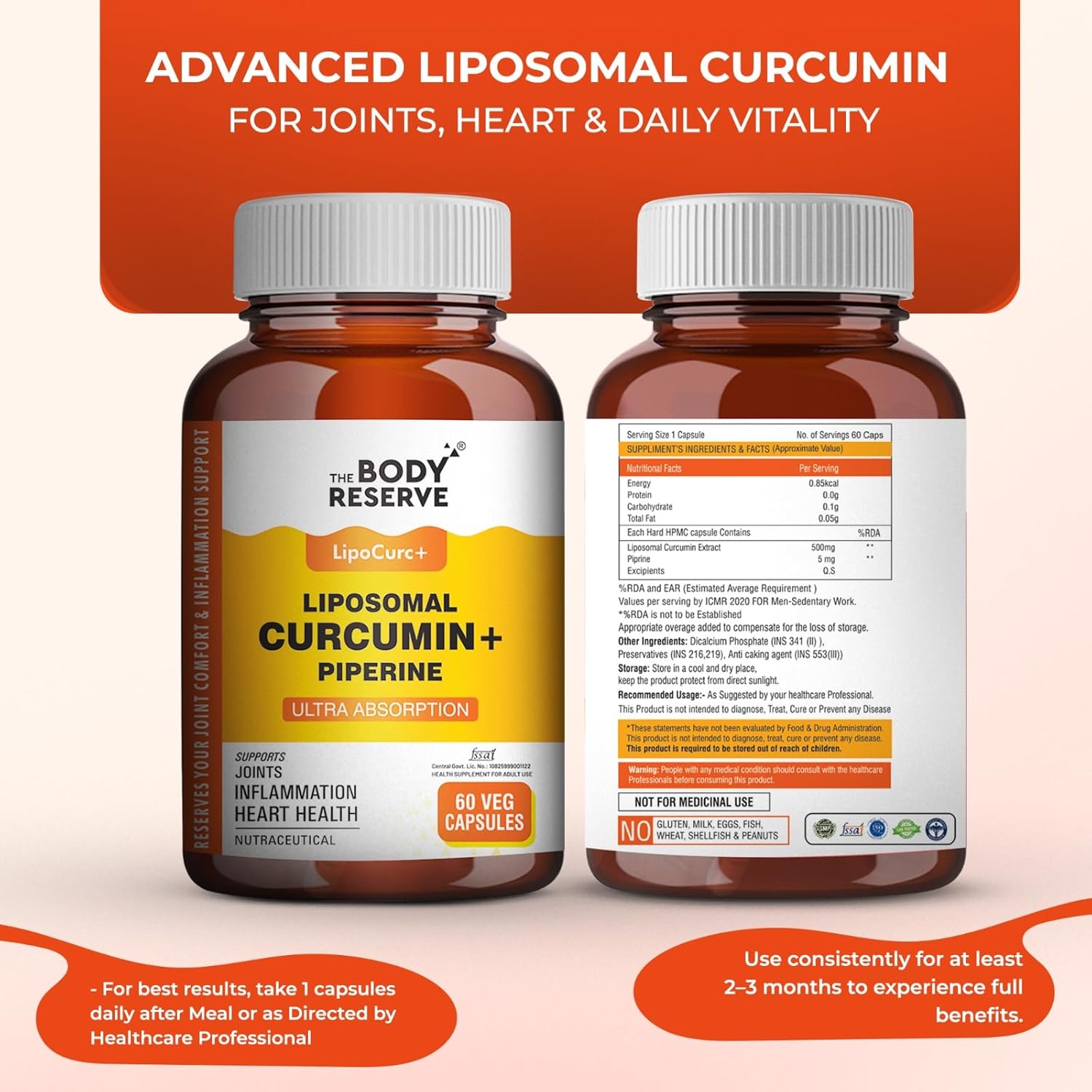 The Body Reserve Liposomal Curcumin Capsules, 500mg with Piperine, Anti-inflammatory Supplement for Adults Pure Turmeric Extract Supplement for High Absorption Joint & Heart Health Support for Adults â€“ 60 caps