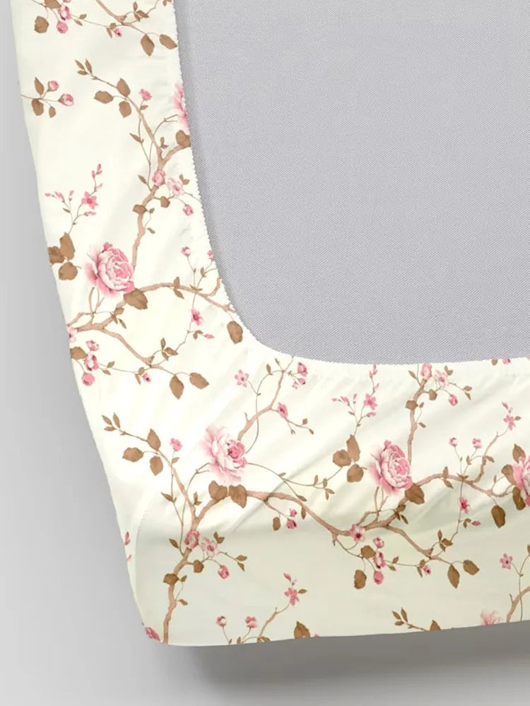 Trance Home Linen 180Tc 100% Cotton 75"X60" Double Bed Size Elastic Fitted Bedsheet Printed With 2 Pillow Covers Colour Queen Aster Pink