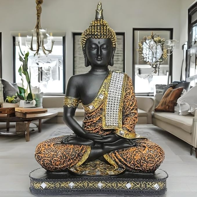 Global Grabbers New Meditating Sitting Buddha Statue Idol Gifts Orange Black Colour