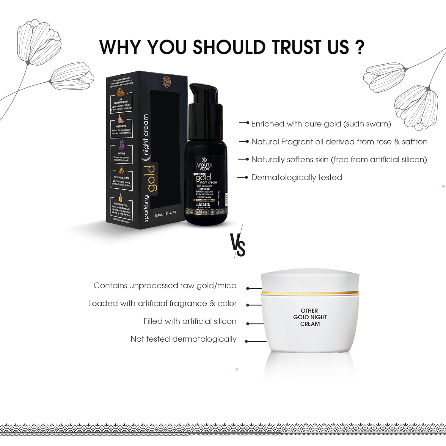 Ayouthveda Sparkling Gold Night Cream | 24K Nano Gold & Kashmiri Saffron | Reduces Fine Lines, Wrinkles & Dark Spots | Restores Skin Firmness & Elasticity | Overnight Anti-Ageing Face Cream (30g (Pack of 1))