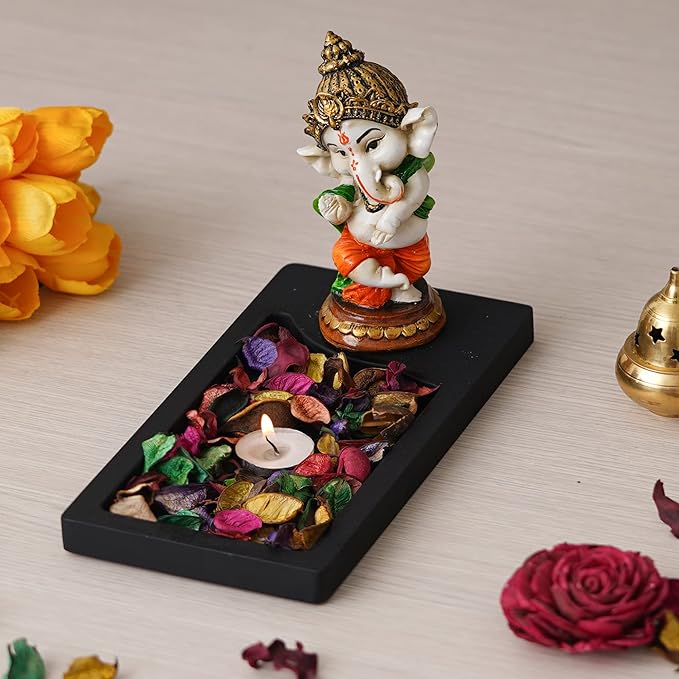 Ecraftindia Polyresin Baal Ganesh Dancing Showpiece With Rectangle Wooden Base Plate | Fragranced Petals & Tealight