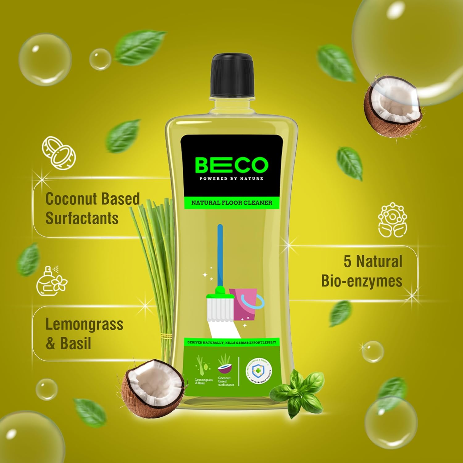 Beco Natural Disinfectant Surface & Floor Cleaning Liquid | 1L Bottle | Non Toxic Germ Kill Formula | Lemongrass & Basil Freshness | Safer Than Phenyl | Kids Safe & Pet Friendly Floor Cleaner Liquid