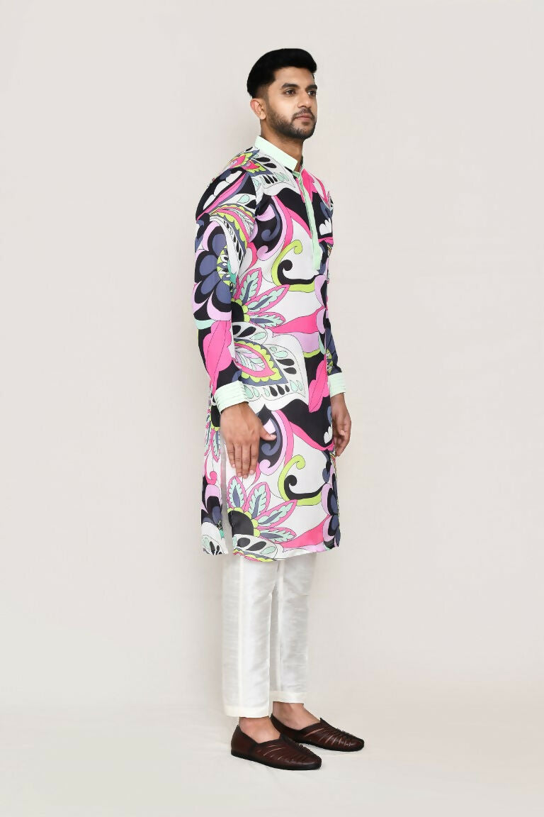 Joban Fashion Printed Colored Satin Silk Fabric Kurta With Straight Fit Pant