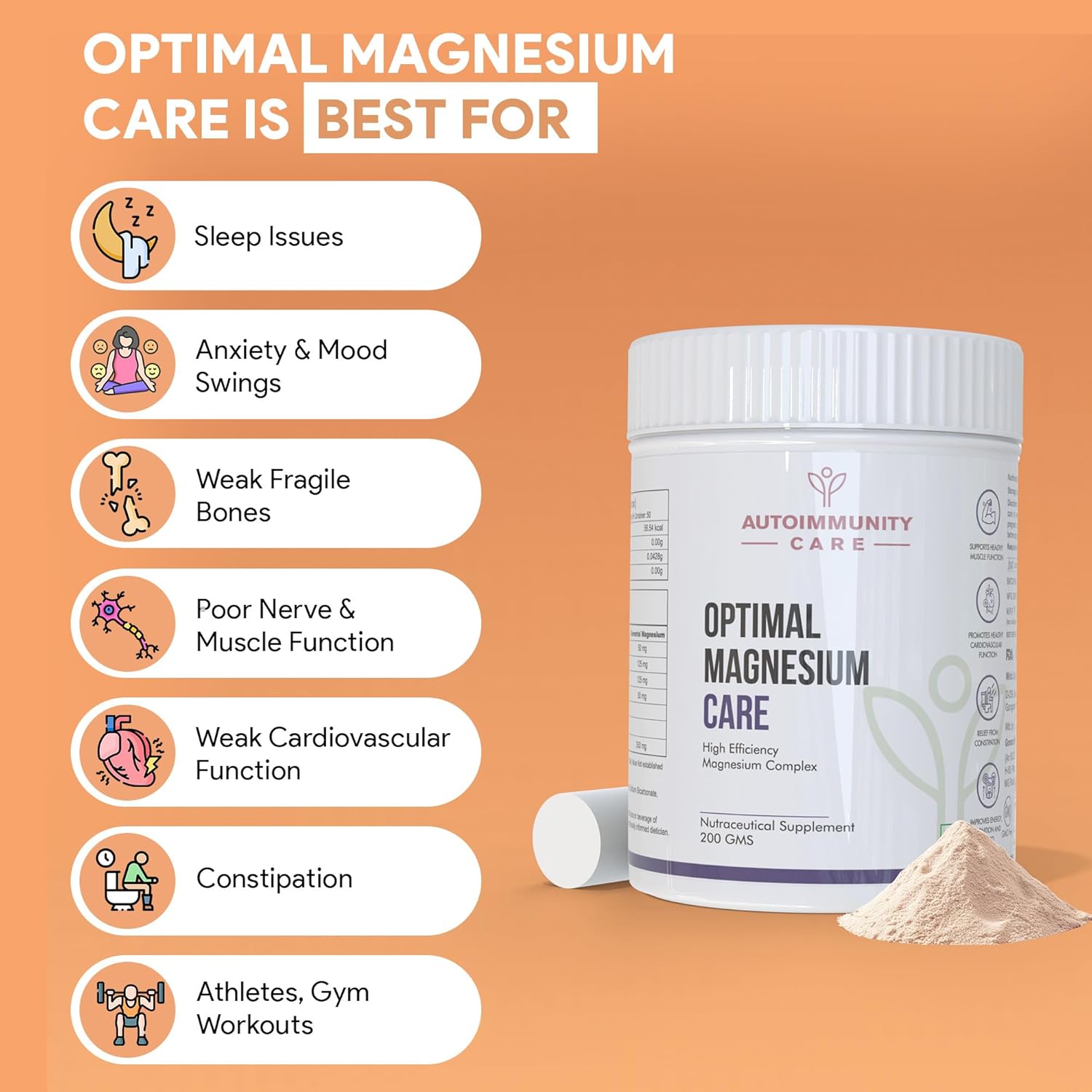 Autoimmunity Care Optimal Magnesium Care – 4-in-1 Magnesium Complex with B6 | Magnesum Glycinate, Citrate, Malate & Oxide | Supplement for Sleep, Stress, Muscle Cramps, Bones & Nerves | 200 gm (50 Servings)