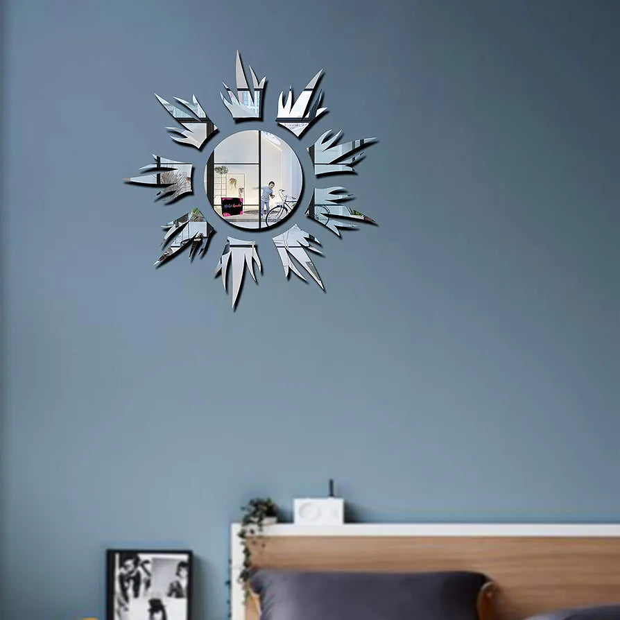 Bikri Kendra Sun Silver Model-11 Mirror Stickers for Wall, Acrylic Mirror Wall Decor Sticker