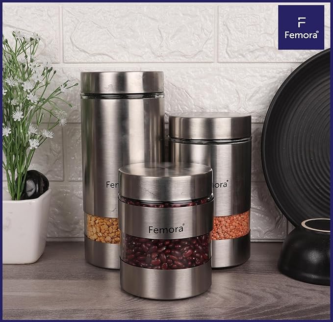 Femora Kitchen Storage Jars Steel Body With See Through Window Jar | 700 Ml | Pack of 6