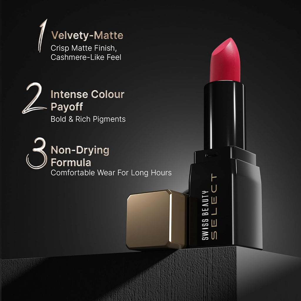 Swiss Beauty Select Dare To Matte Creamy Lipstick | with Velvety matte finish | Long Lasting Stay | with Vitamin E | Shade- Vivid Maroon, 3.8g |