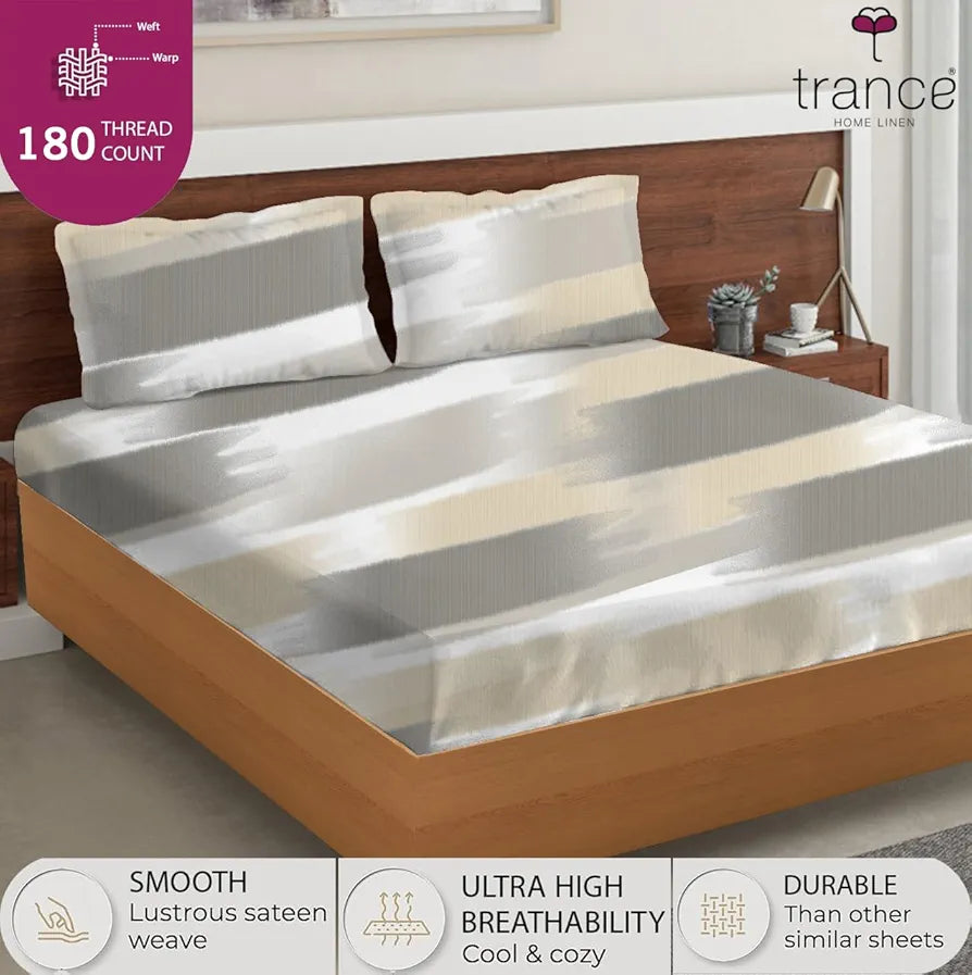 Trance Home Linen Skin Friendly 100% Cotton Printed Fitted Bedsheet for Queen Size Bed with 2 Pillow Cover Premium 180TC Colour Fairy Lines