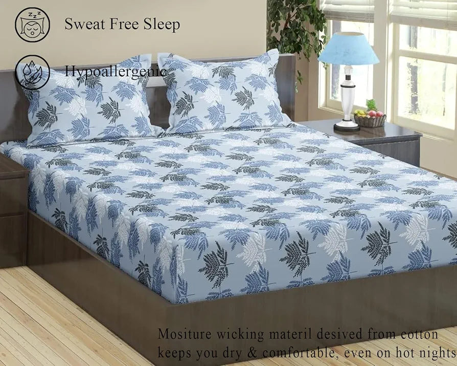 Trance Home Linen Pure 100% Cotton 144TC Printed Single Fitted Bedsheet with 1 Pillow Cover Colour Fern Paradise Blue