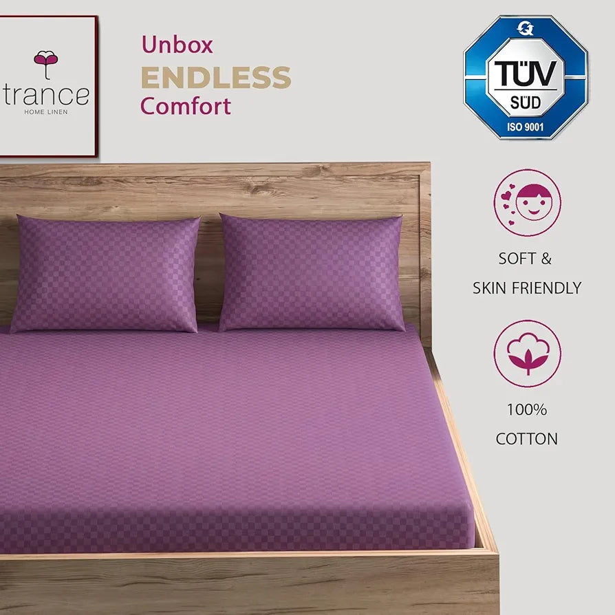 Trance Home Linen 300TC Jacquard Weave Fitted Bedsheet for King Size Bed with 2 Pillow Cover Skin Friendly Premium 100% Cotton 78 x 72 Inches Colour Plum