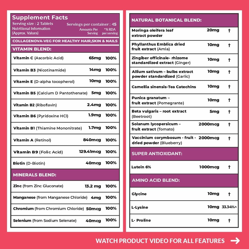 Carbamide Forte Veg Collagen Supplements for Bones | Veg Collagen Tablets For Women & Men | Plant Based Tablets For Hair, Nails & Healthy Skin | 90 Tablets