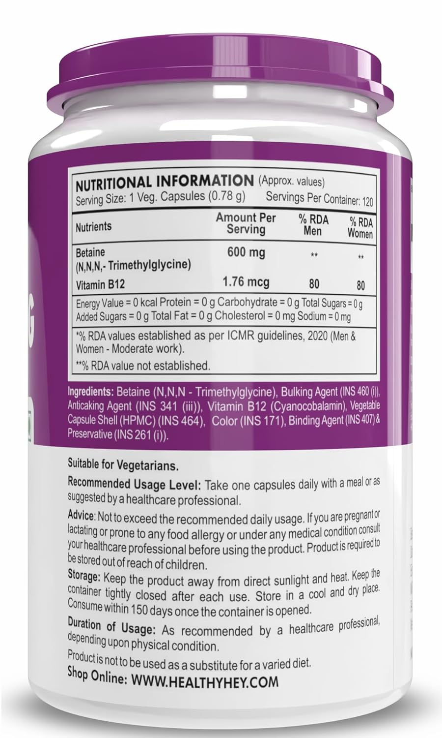 HealthyHey Nutrition Betaine Trimethylglycine (TMG) - 120 Veg. Capsules