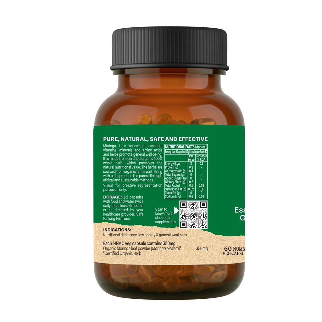 A TATA Product - Organic India Moringa Capsules - 60 Veg Caps, Essential Nutrition Superfood, Helps Naturally Boost Energy Level, Improves Stamina, Rich In Vitamins & Minerals, GMP & NPOP Certified Organic