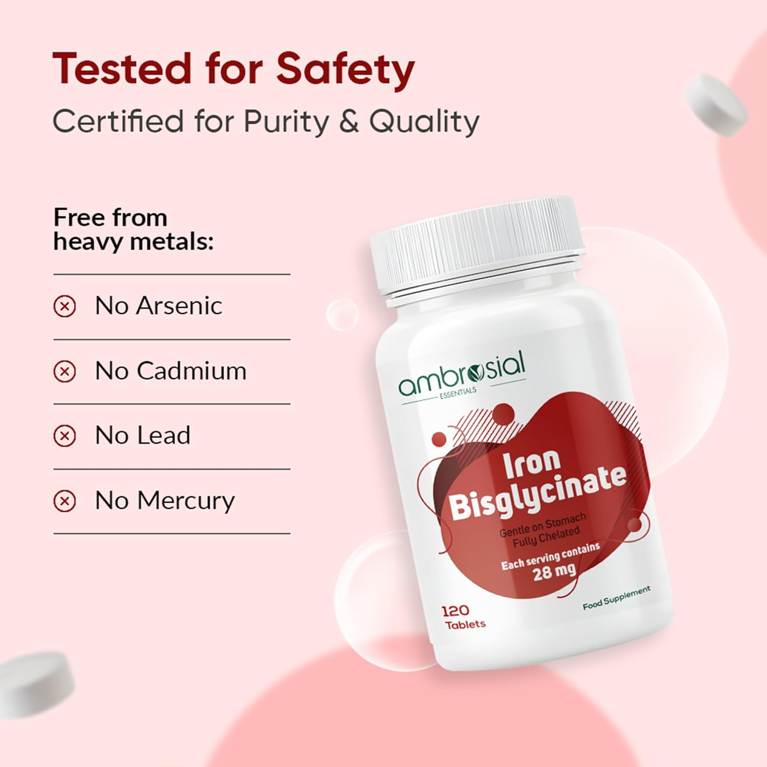 Ambrosial Iron Bisglycinate 28mg High Strength Tablets | High Absorption Iron Supplement for Tiredness and Fatigue for Women and Men | Pack of 1-120 Veg Tablets