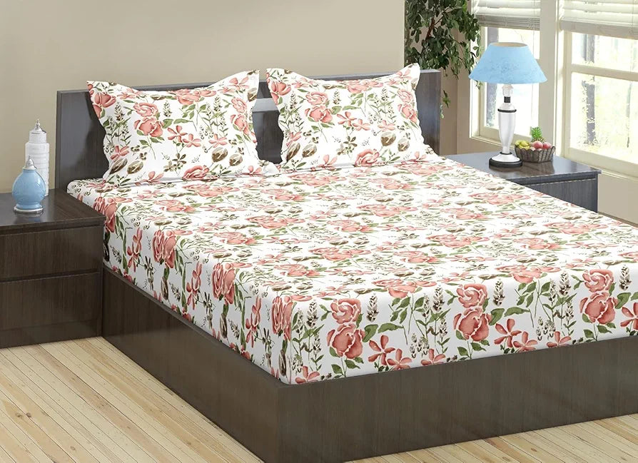 Trance Home Linen 180TC 100% Cotton 78"x60" Standard Queen Size Elastic Fitted Bedsheet Printed Queen Bed Size with 2 Pillow Covers Colour Huvu Red