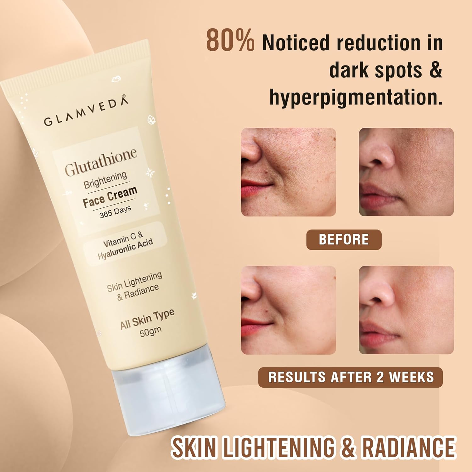 Glamveda Glutathione Face Cream For Skin Brightening | with Vitamin C & Hyaluronlic Acid For Clear & Glowing Skin | Reduce Dark Spots, Hyperpigmentation | Whitening Cream For All Skin Type 50 gm