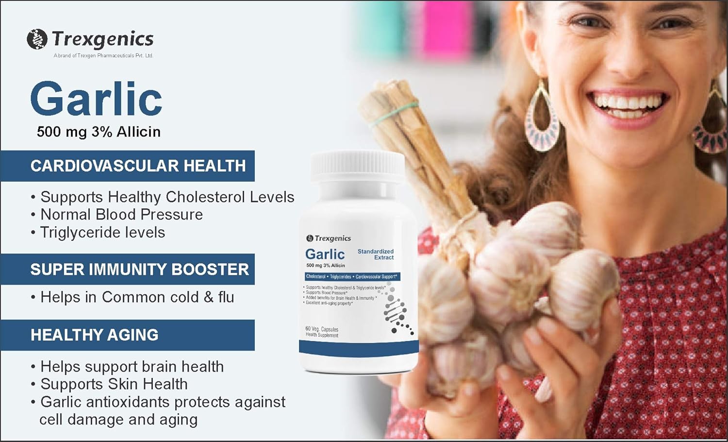 Trexgenics GARLIC (Bioactive 3% Allicin) 500mg Cholesterol, Triglycerides, Cardiovascular, Immunity Support* (60 Vcaps) (1)