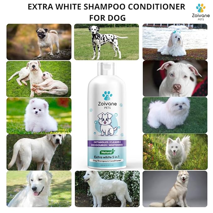Zoivane Dog Shampoo - 200 Ml | Extra White 5 in 1 Dog Shampoo & Conditioner for Whitening, Glowing