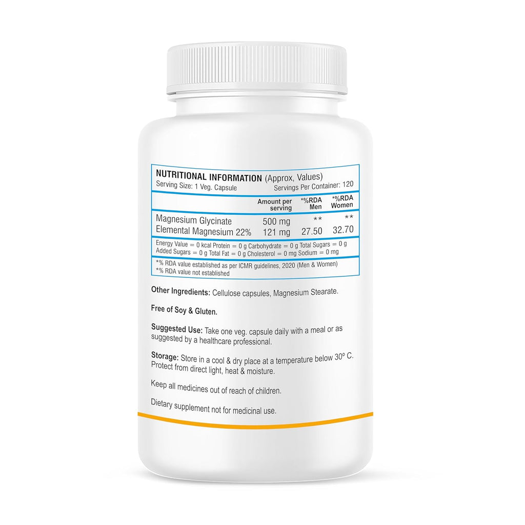 Biotrex Nutraceuticals Magnesium Glycinate | Highest Bioavailability | Cramps, Sleep & Mood balance | Chelated Form With Superior Absorption | Muscle Recovery & Nerve Function | 120 Veg Capsules
