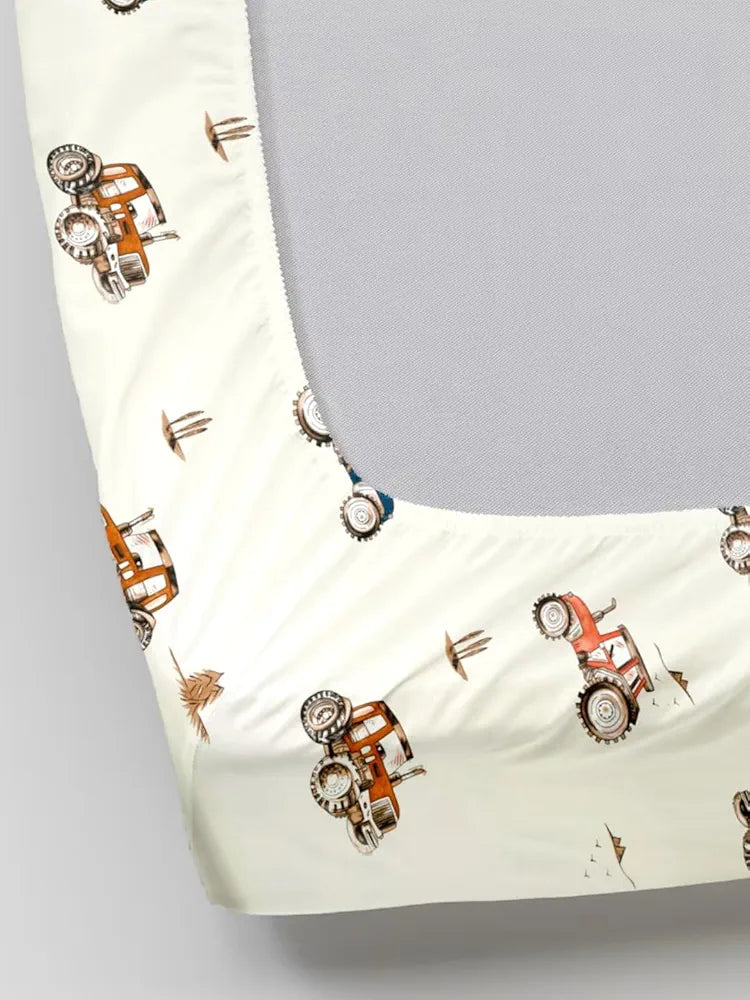 Trance Home Linen 180TC 100% Cotton 78"x60" Standard Queen Size Elastic Fitted Kids Bedsheet Cartoon Printed Queen Bed Size with 2 Pillow Covers Colour Car Orange