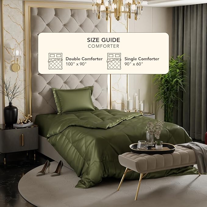 Stoa Paris Satin Comforter Double Bed with 300 TC 1 Pillow Covers Colour Olive Oasis