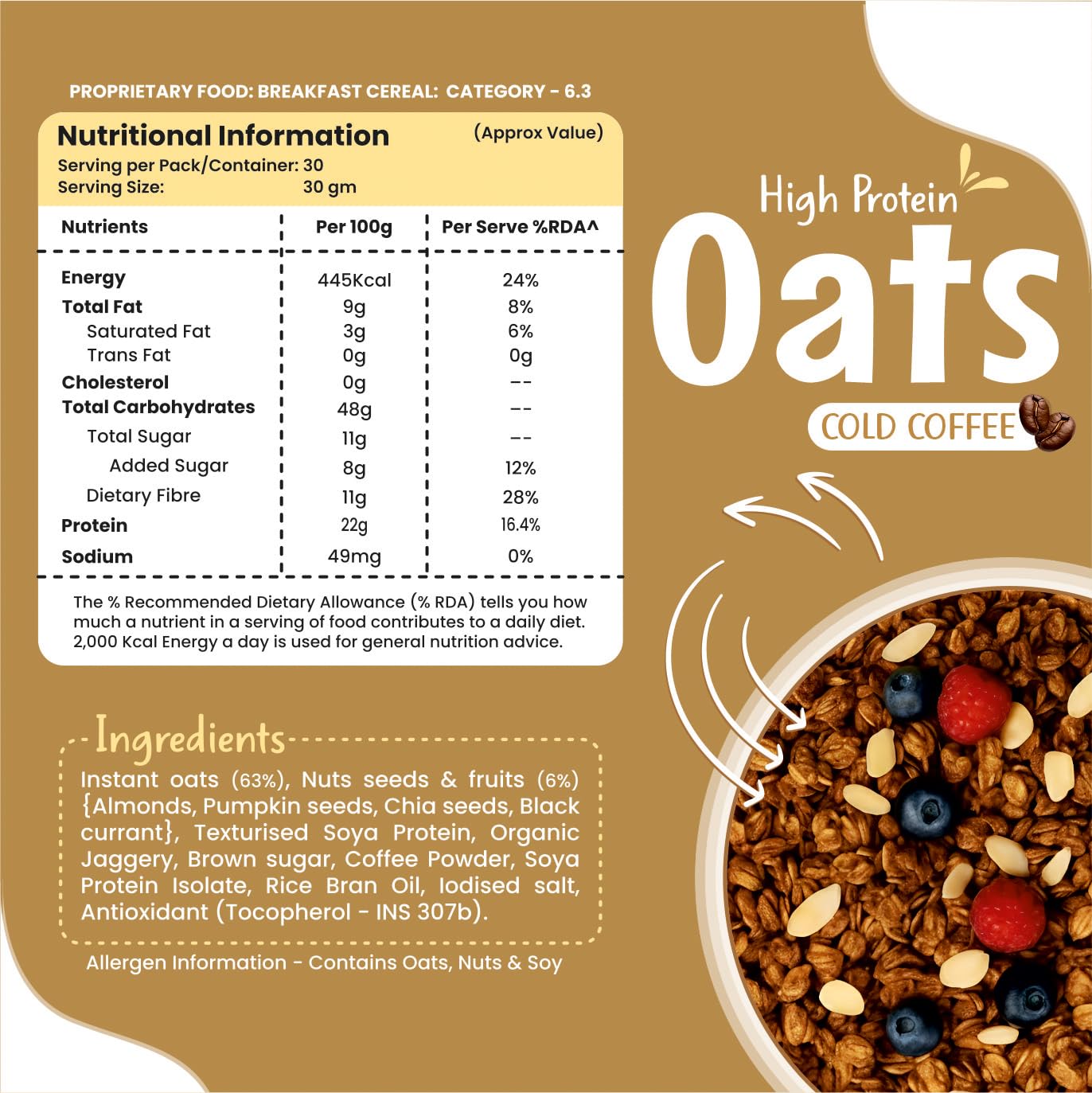 Health Ninja High Protein Cold Coffee Oats | Cold Coffee Oats | 22% Protein, 11% Fibre | No White Sugar | Healthy Breakfast Oats