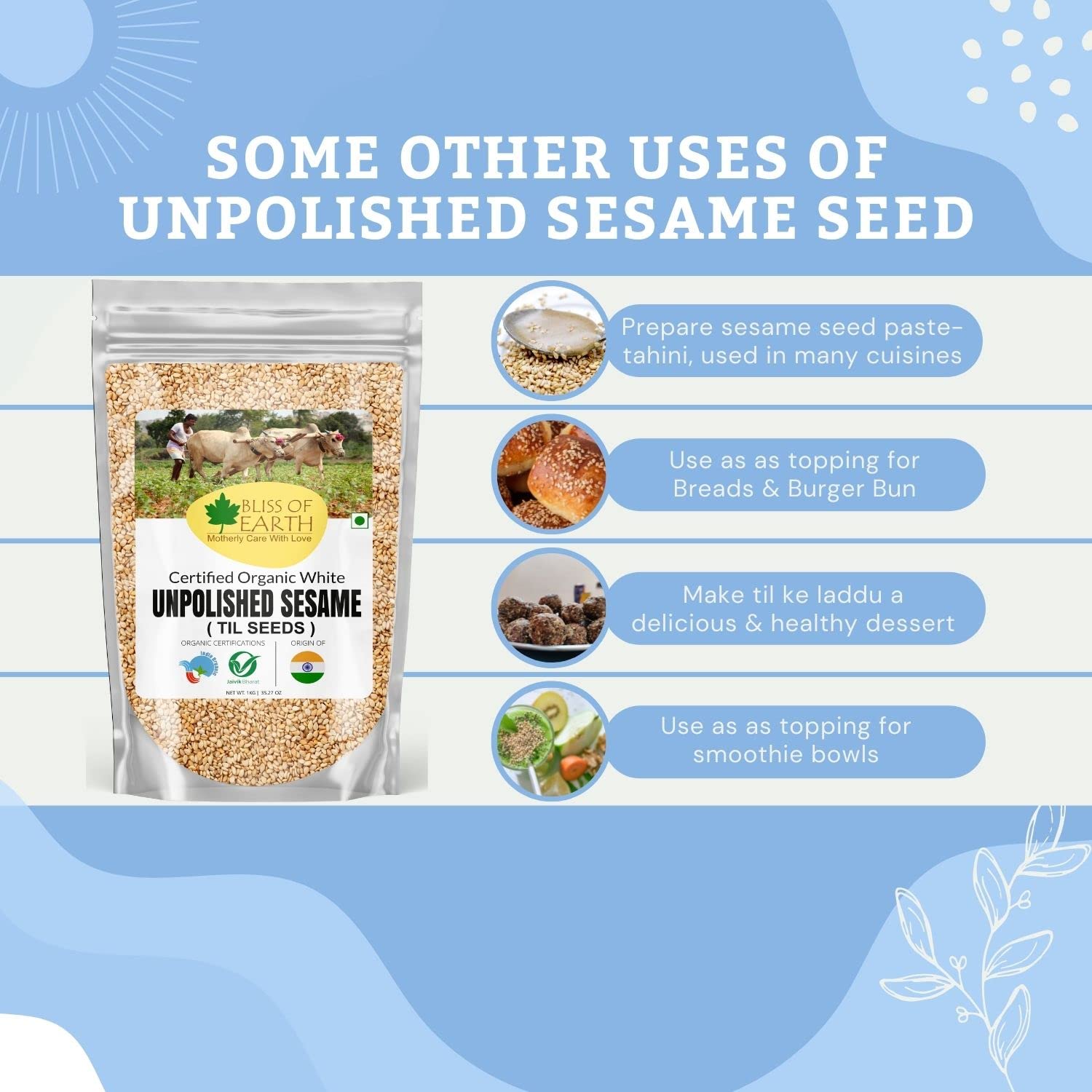 Bliss of Earth Organic Unpolished Sesame Seeds 200gm White For Eating, Raw Til Seeds