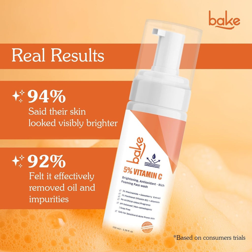BAKE 5% Vitamin C Foaming Face Wash with Niacinamide | Brightening Face Wash for Pigmentation, Dark Spots & Uneven Skin Tone | Antioxidant Rich Cleanser for Dull, Normal to Oily Skin â€“ 100ml
